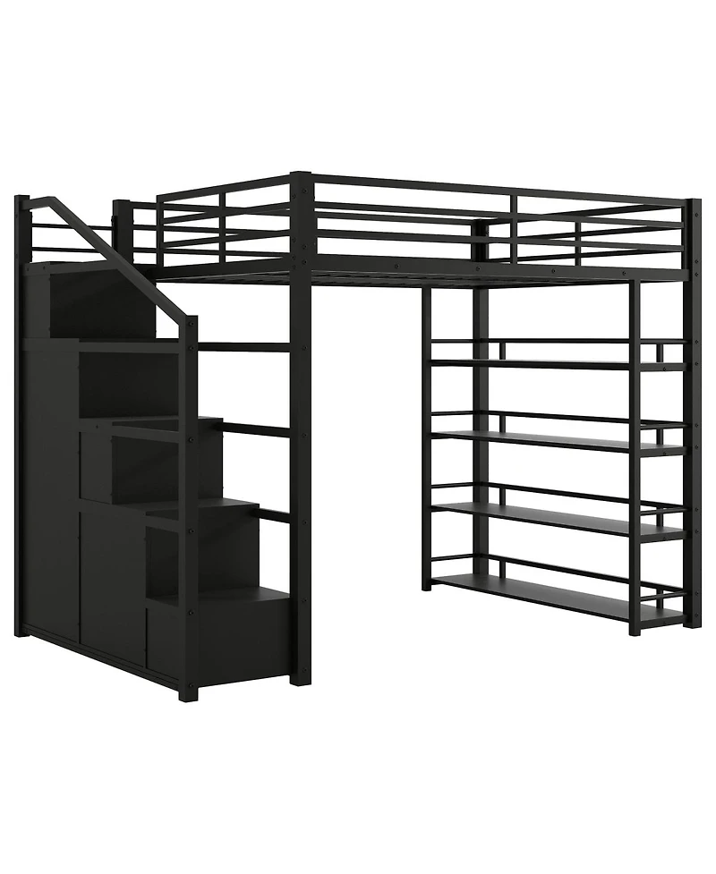 Streamdale Furniture Queen Size Metal Loft Bed with Storage Shelves, Cabinets and Wardrobe