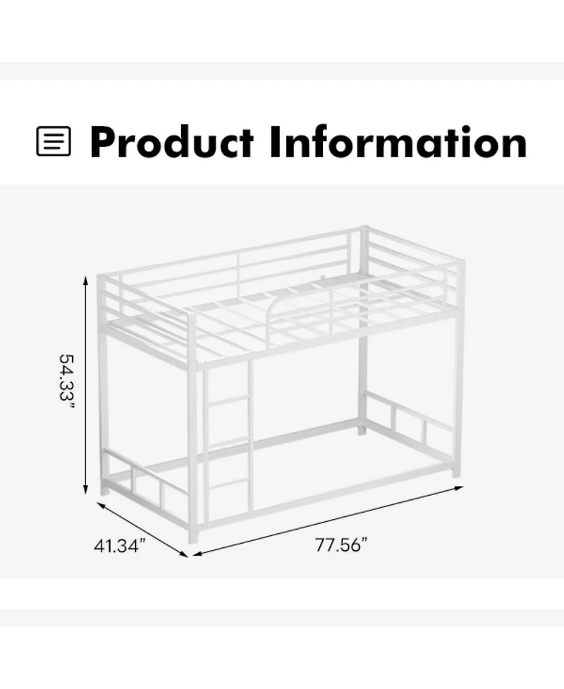 Streamdale Furniture Twin Over Twin Metal Bunk Bed with Guard Rails & Ladder, Space-Saving