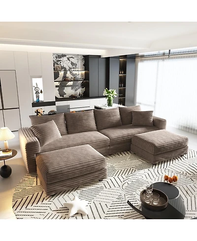 Streamdale Furniture Plush Corduroy 4-Seat Sofa, Modern Comfy Upholstered Cloud Couch with Pillows & Ottomans