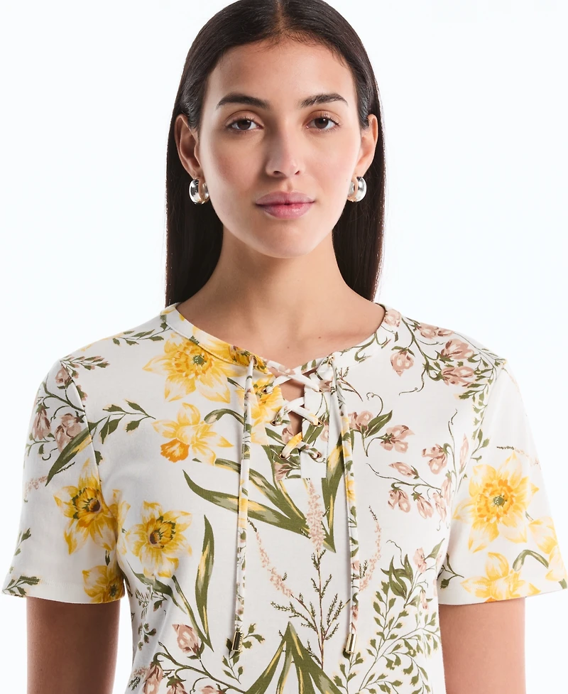 Rafaella Petite Garden Print Lace-Up Top