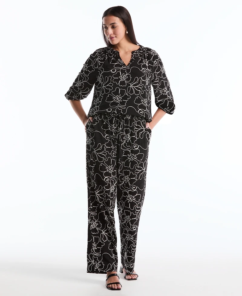 Rafaella Petite Floral Embroidered 3/4-Sleeve Blouse