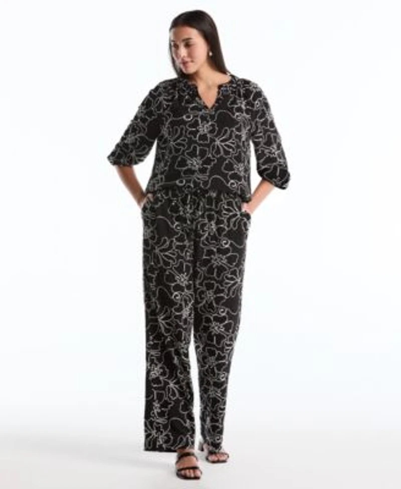 Rafaella Petite Floral Embroidered 3 4 Sleeve Blouse Floral Embroidered Drawstring Pants