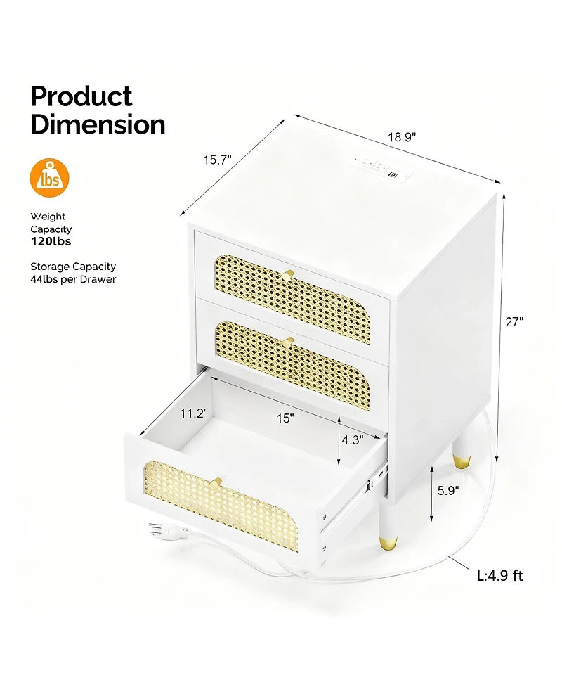 Yigii Boho Style Tall Rattan Nightstand with Charging Station