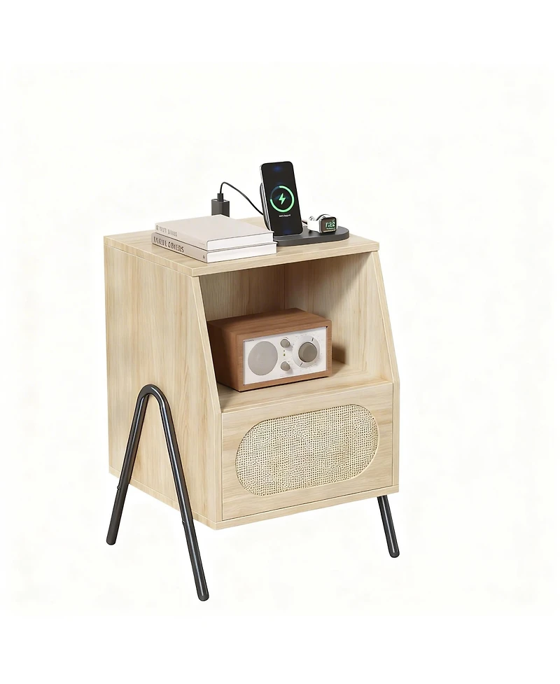 Yigii Rattan Nightstand with Charging Station and Storage
