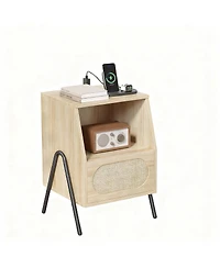 Yigii Rattan Nightstand with Charging Station and Storage