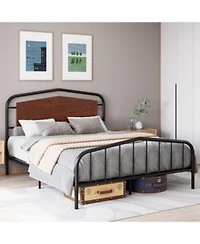 Gaomon Metal Bed Frame With Wooden Headboard Wrought Iron Metal Platform Bed Frame Under Bed Storage No Box Spring Required Easy Assembly