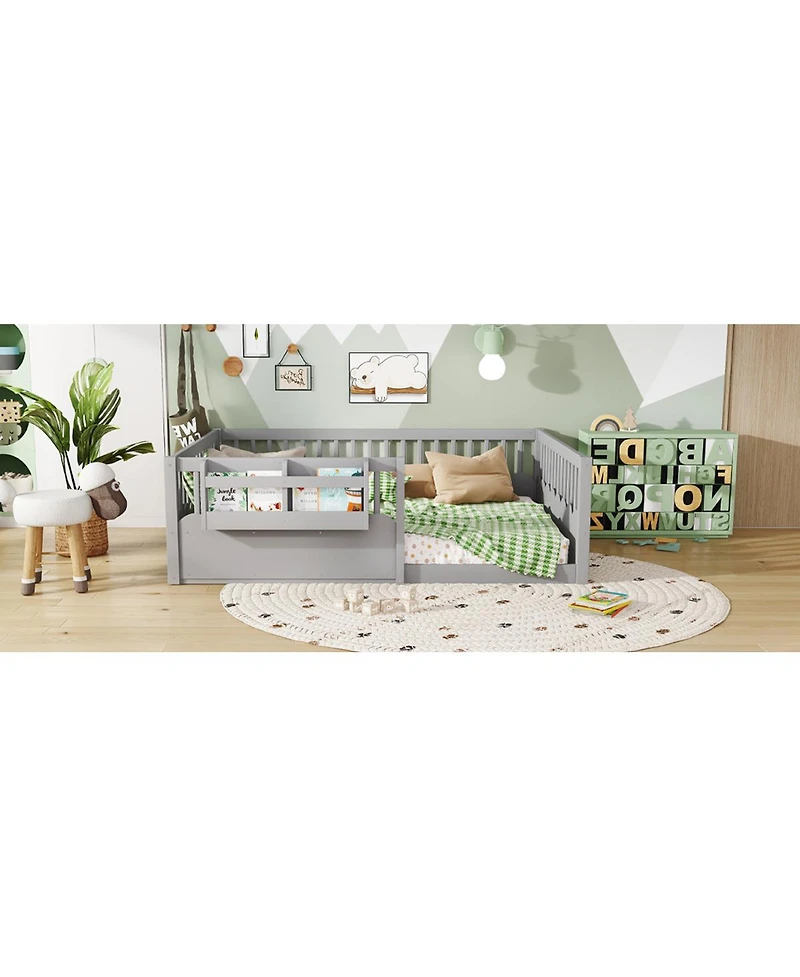Streamdale Full Floor Bed with Fence and Bookshelf, Wood Kids Floor Bed, Gray.