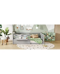 Streamdale Full Floor Bed with Fence and Bookshelf, Wood Kids Floor Bed, Gray.