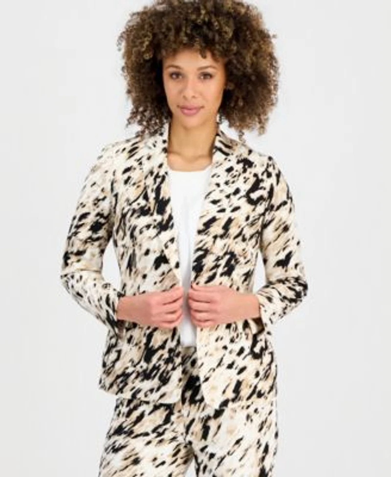 Kasper Womens Animal Print One Button Blazer Straight Leg Pants