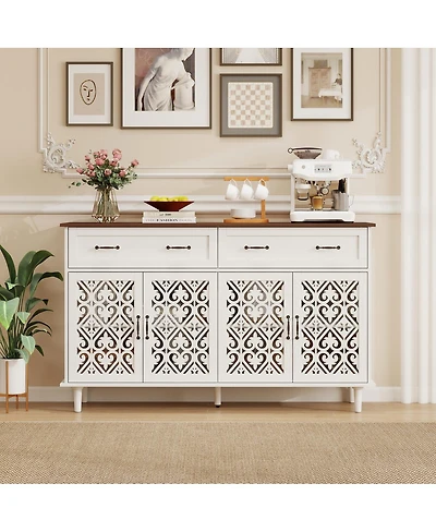 Streamdale Furniture Vintage Sideboard Buffet Cabinet with Hand-Carved Doors & 4 Doors