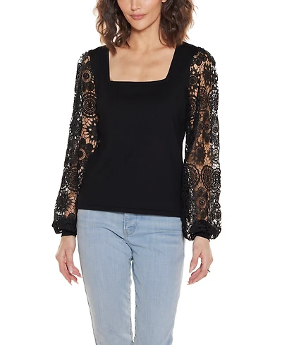 Belldini Women's Crochet Lace Blouson Sleeve Sweater
