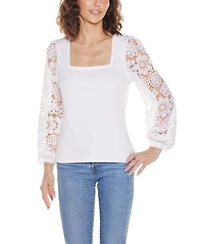 Belldini Womens Crochet Lace Blouson Sleeve Sweater