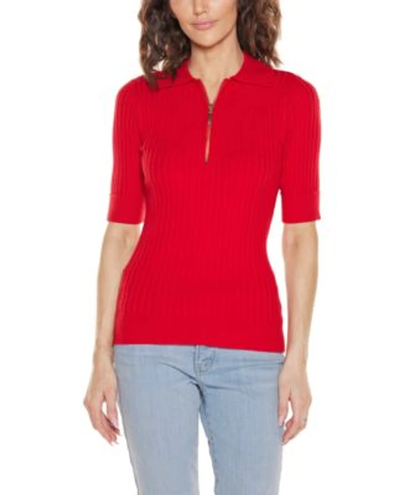 Belldini Womens Collared Quarter Zip Ribbed Knit Sweater