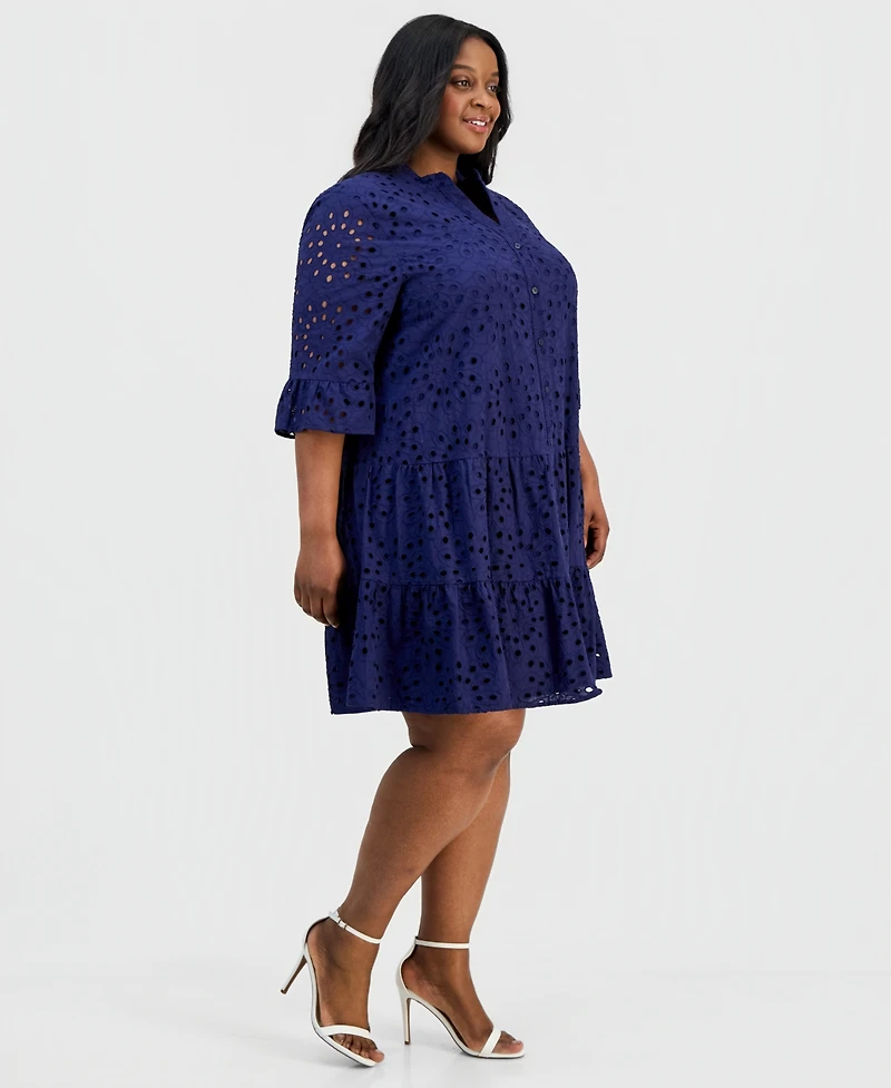 Anne Klein Plus Cotton Eyelet Tiered Shirtdress