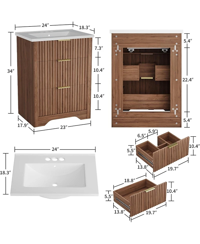 gaomon "24'' Walnut Fluted Bathroom Vanity with Sink, Freestanding Cabinet with 2 Drawers & Flip Down Drawer, Easy Assembly"