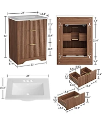 gaomon "24'' Walnut Fluted Bathroom Vanity with Sink, Freestanding Cabinet with 2 Drawers & Flip Down Drawer, Easy Assembly"