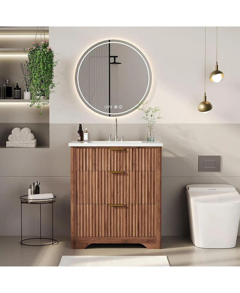 gaomon "24'' Walnut Fluted Bathroom Vanity with Sink, Freestanding Cabinet with 2 Drawers & Flip Down Drawer, Easy Assembly"