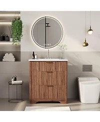 gaomon "24'' Walnut Fluted Bathroom Vanity with Sink, Freestanding Cabinet with 2 Drawers & Flip Down Drawer, Easy Assembly"