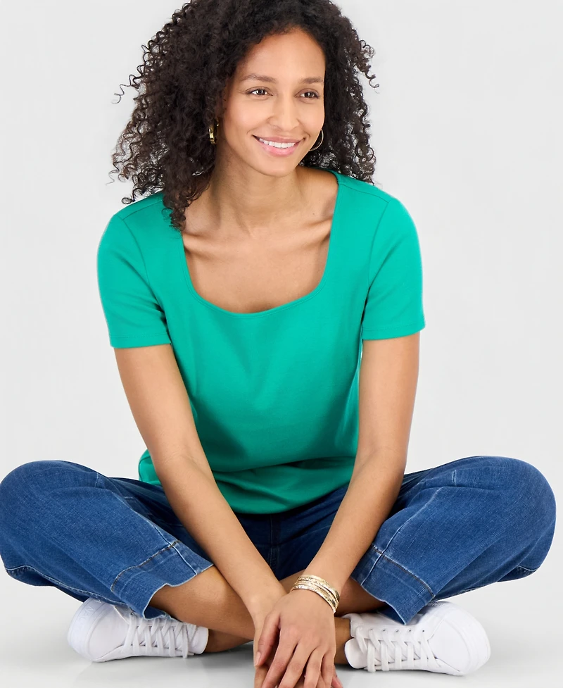 Style & Co Petite Cotton Square-Neck Short-Sleeve T-Shirt, Exclusively at Macy's