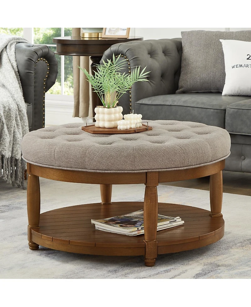 Streamdale Large Tufted Linen Ottoman Coffee Table with Wood Shelf Storage