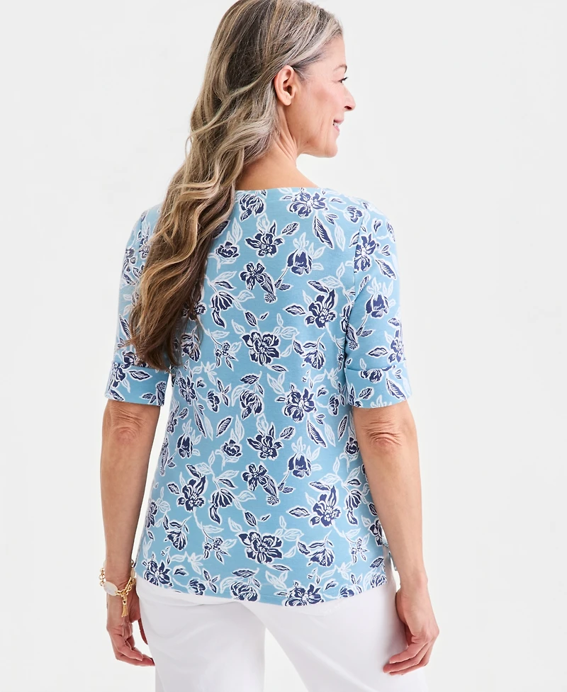 Style & Co Women's Printed Boat-Neck Elbow-Sleeve Top, Macy's Exclusive