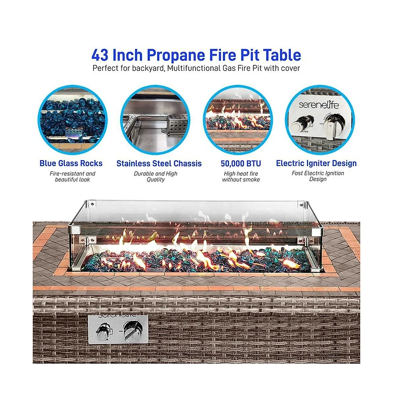 SerenelifeHome Outdoor Propane Fire Pit Table- 50,000 Btu Auto-Ignition Gas Fire Pit w/Glass Wind Guard, Mosaic Tabletop