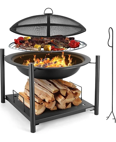 SereneLife Outdoor Wood Fire Pit Steel Bbq Grill with Mesh Spark Screen, Log Grate, Poker & Cover