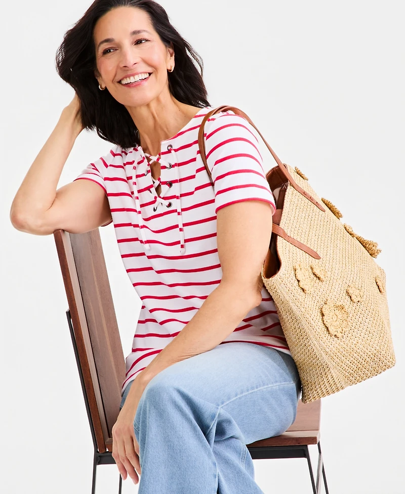 Style & Co Women's Striped Lace-Up Short-Sleeve Top, Macy's Exclusive