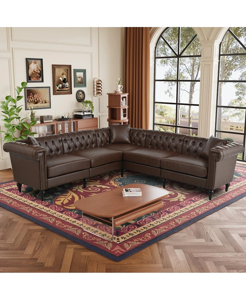 Streamdale Furniture Pu Leather Chesterfield Sectional Sofa with Rolled Arms & Nailhead