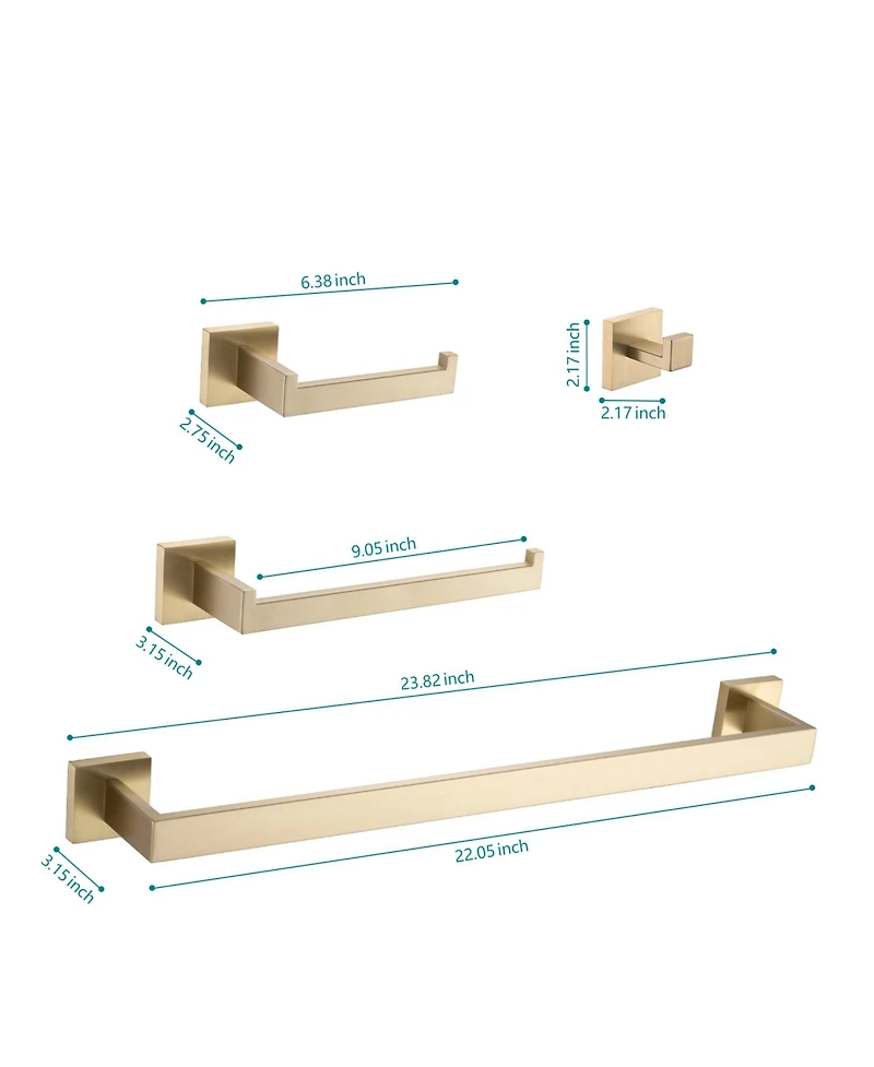 Rainsken 4- Piece Bathroom Hardware Set, Towel Bar, Toilet Paper Holder, Hand Towel Rack and Robe Hook, Stainless Steel