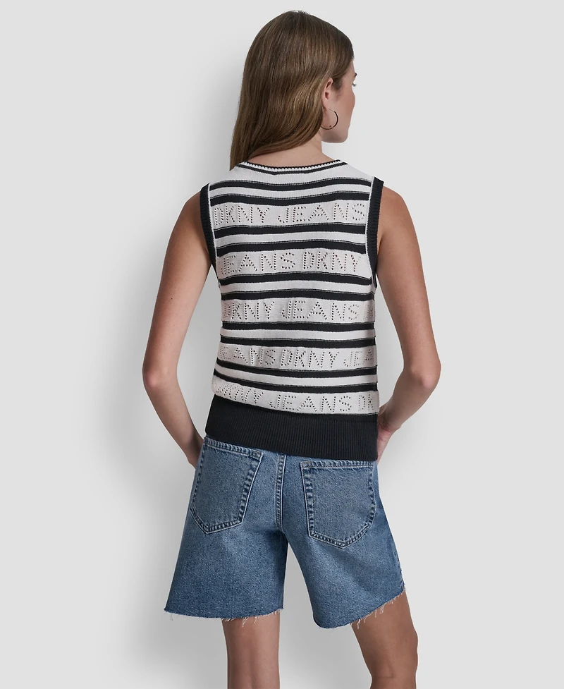 Dkny Jeans Women's Sleeveless Logo Pointelle Striped Sweater