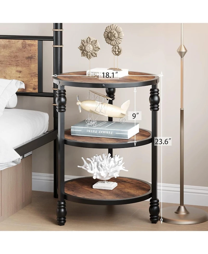 gaomon End Table 3-Tier Round Side Table Living Room Accent Table with Storage Shelf and Metal Industrial Wood Bed Side Table/Night Stand