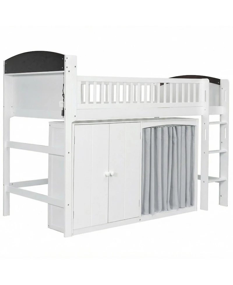 Streamdale Furniture Loft Bed with Storage Cabinet, Wardrobe and Led, White and Espresso