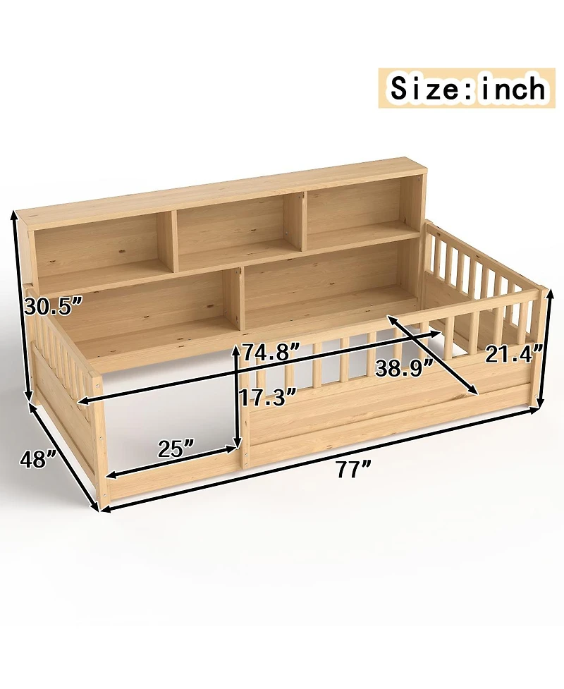 Streamdale Furniture Wood Floor Bed with Fence Guardrail & Side Storage