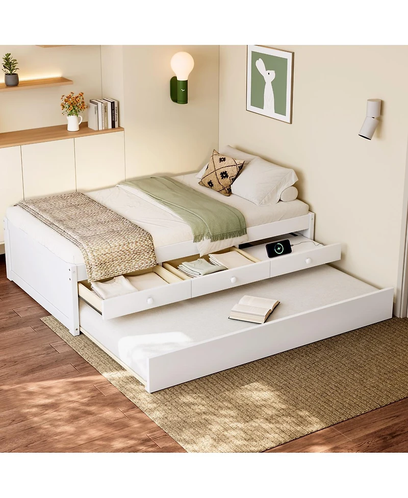 Streamdale Furniture Twin Platform Bed with Trundle and 2 Drawers, Solid Wood