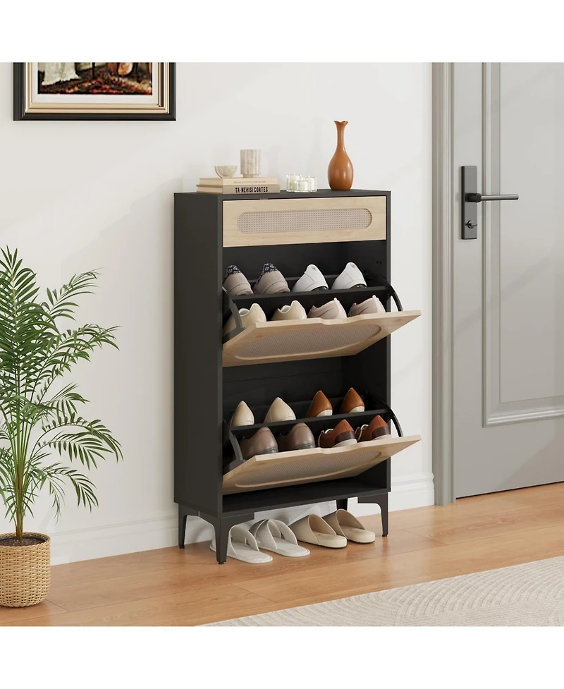 Gaomon Rattan Shoe Cabinet with 2 Flip Drawers & 1 Pull-Out Drawer, Adjustable Shelf, Heavy Duty Metal Legs, Entryway Shoe Storage for Small Spaces