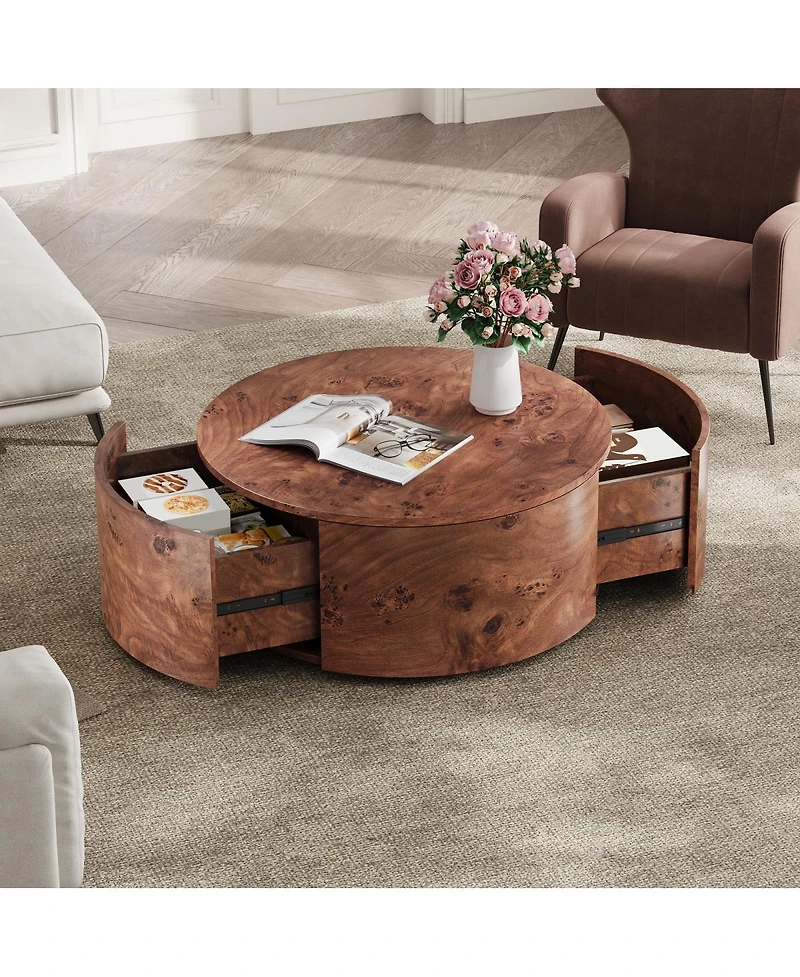 Streamdale Furniture Burl Wood Rotating Coffee Table with 2 Drawers, 360° Rotating Top, Walnut, 28.4"