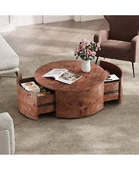 Streamdale Furniture Burl Wood Rotating Coffee Table with 2 Drawers, 360° Rotating Top, Walnut, 28.4"