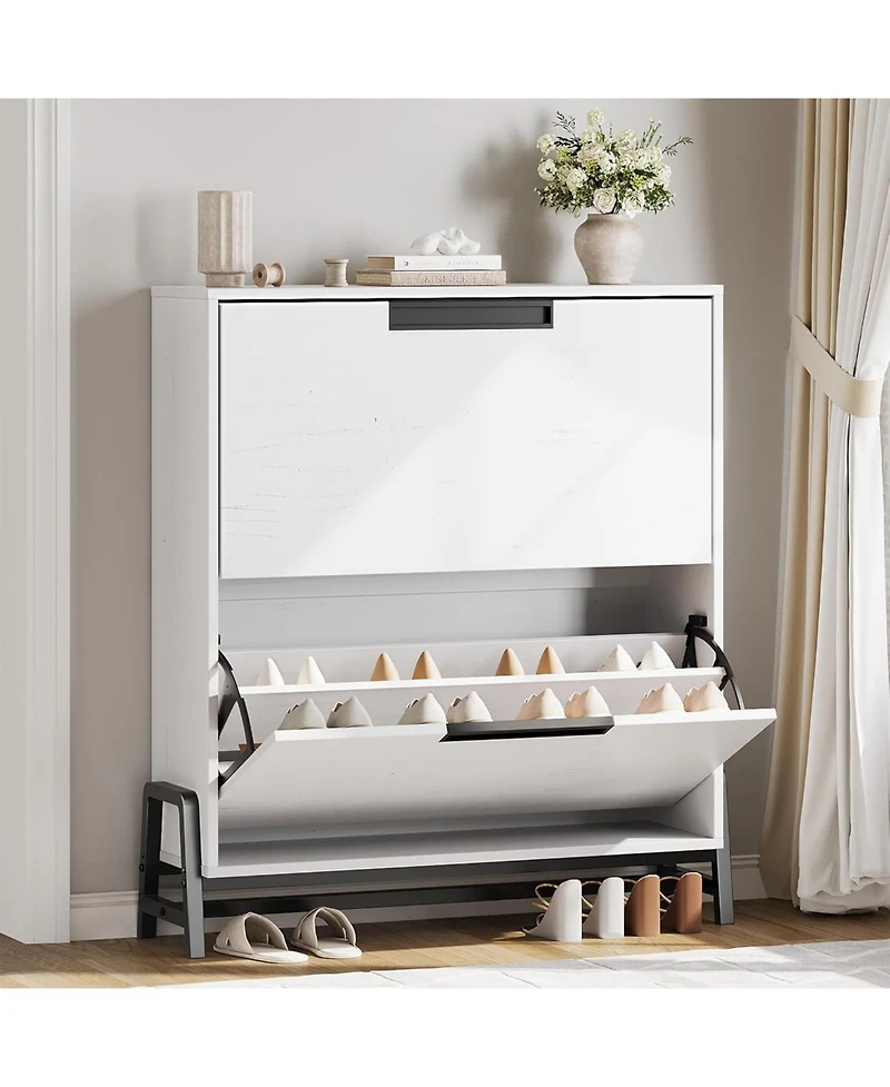 gaomon 2 Drawer Wooden Flip Door Narrow Shoe Storage Cabinet with Adjustable Shelf and Metal Legs