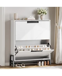 gaomon 2 Drawer Wooden Flip Door Narrow Shoe Storage Cabinet with Adjustable Shelf and Metal Legs