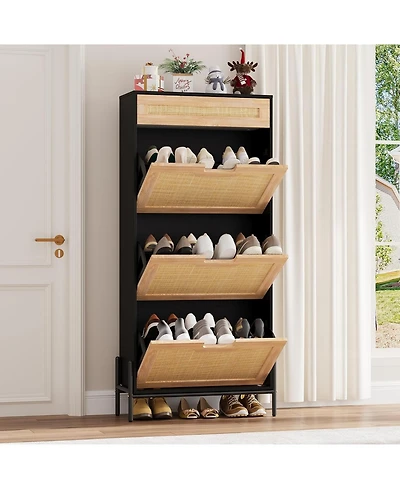 gaomon Rattan Shoe Cabinet – Freestanding Shoe Rack with 3 Flip Doors & 1 Drawer, Adjustable Shelves, Metal Legs, Modern Entryway and Hallway