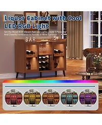 gaomon Modern Wood Wine Bar Cabinet with Led Light, Glass Holder Doors & Wine Racks, Buffet Sideboard with Storage for Kitchen or Home Bar