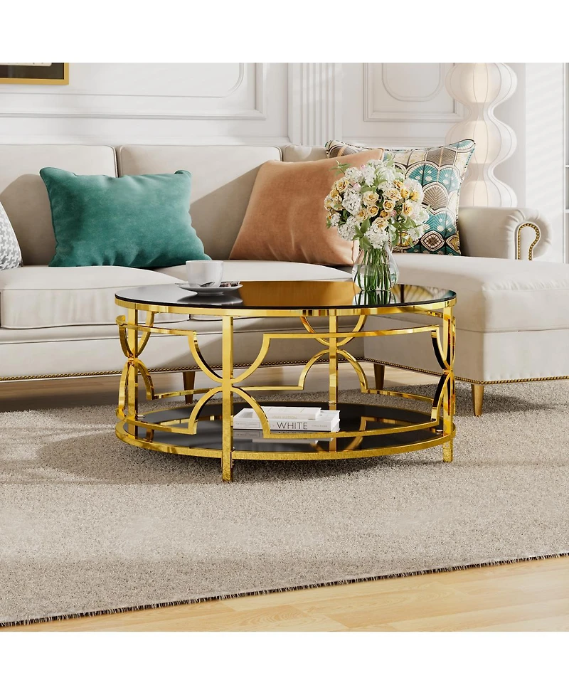 Streamdale Furniture Streamdale Round Tempered Glass Coffee Table, 30.7", Gold Geometric Metal Frame, Shelf