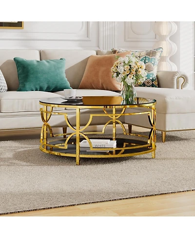 Streamdale Furniture Streamdale Round Tempered Glass Coffee Table, 30.7", Gold Geometric Metal Frame, Shelf