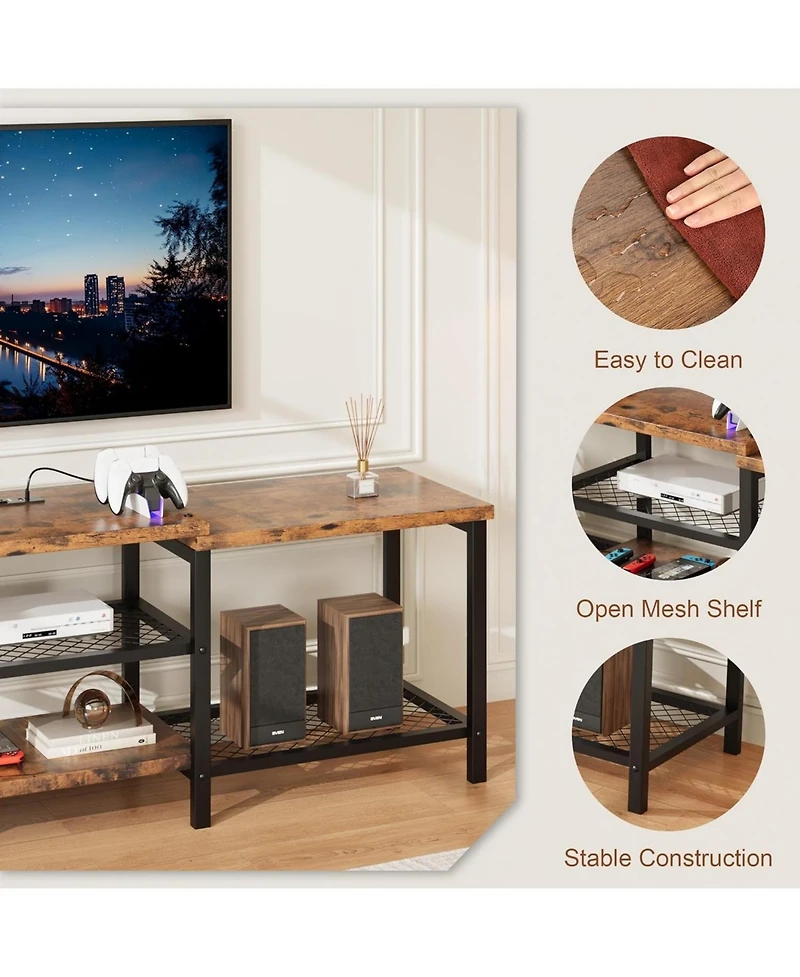 gaomon 75 Inch Wooden Led Entertainment Tv Stand with Power Outlet and Open Storage Shelves