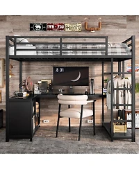 Streamdale Furniture Metal Loft Bed with Wardrobe, L-shaped Desk & Storage, Black