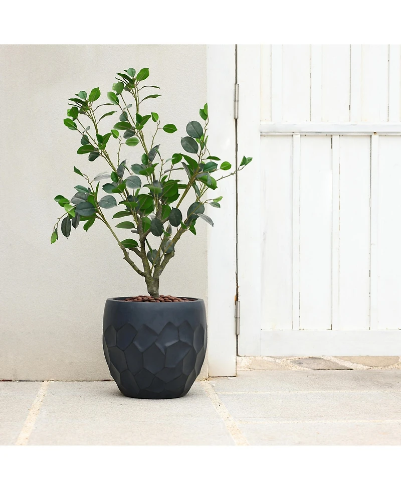 LuxenHome 14.6-Inch Round Black Geometric MgO Planter