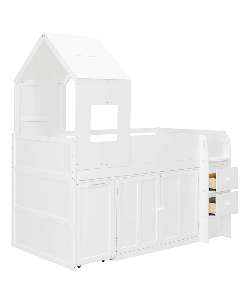 Streamdale Furniture Twin Size Wooden Loft Bed with Desk, Drawers and Cabinets