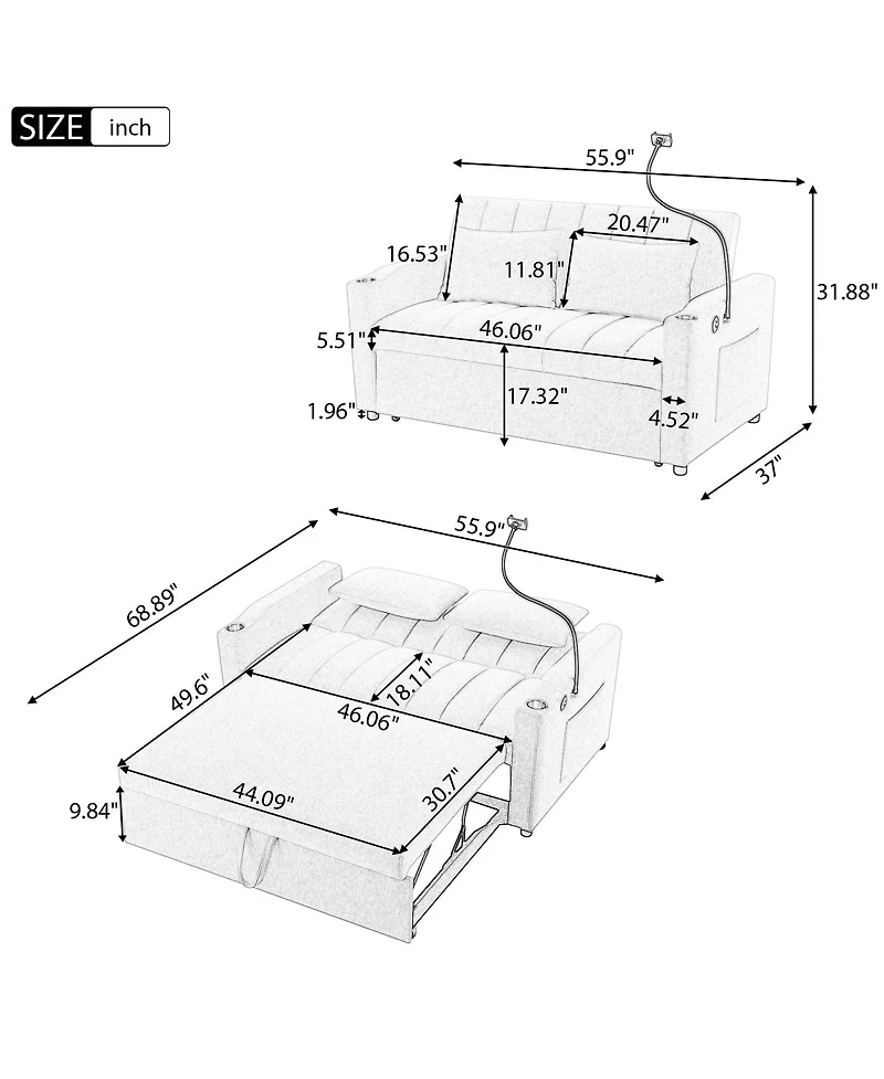 Streamdale Furniture 55.9" Convertible Sofa Bed Loveseat with 3 Usb Ports & Side Pockets