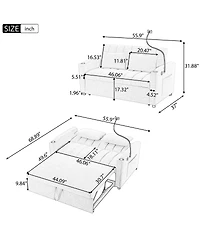 Streamdale Furniture 55.9" Convertible Sofa Bed Loveseat with 3 Usb Ports & Side Pockets